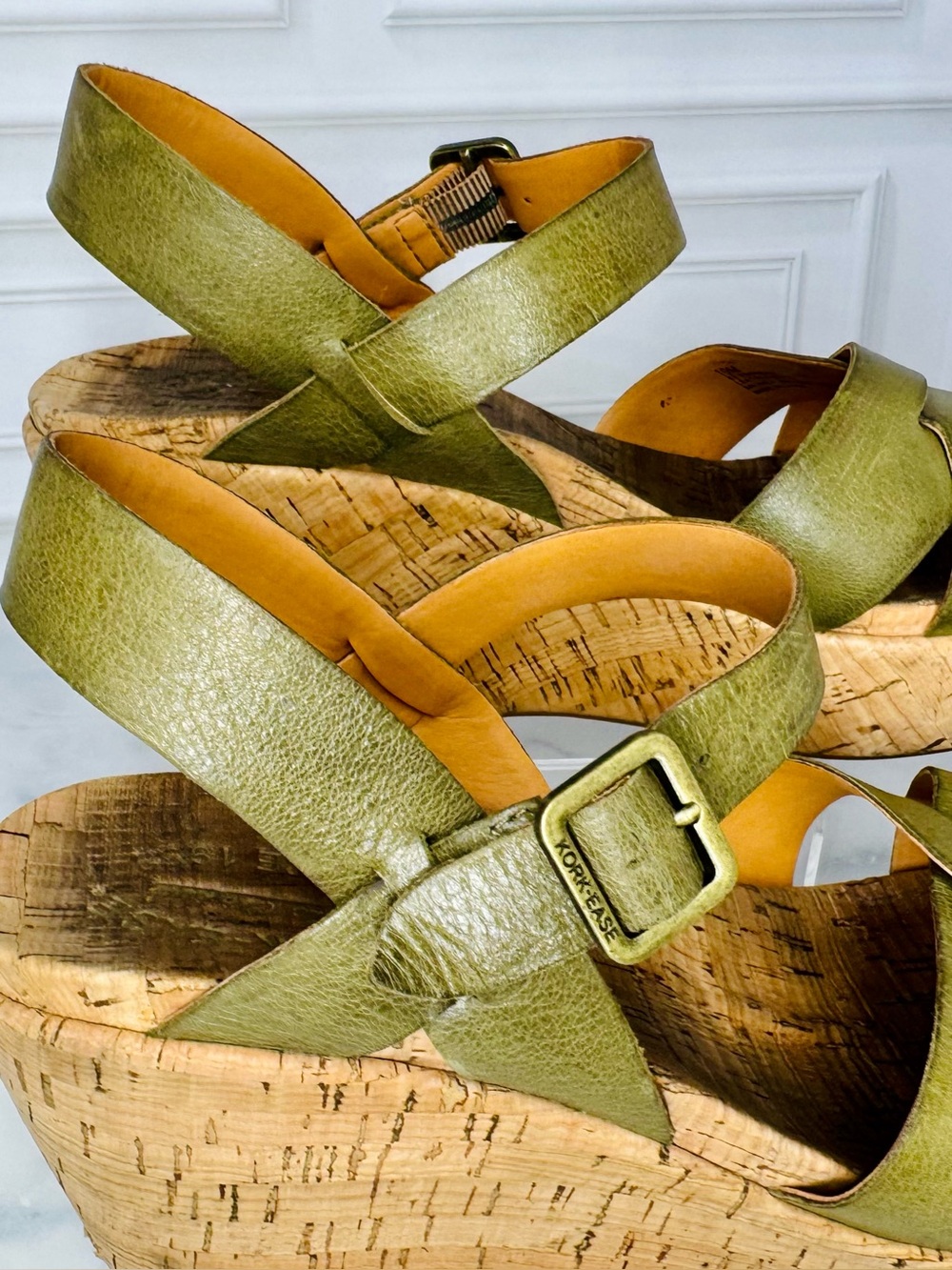Kork-Ease Myrna Olive Green Leather Cork Wedge Sandals 10M - Picture 11 of 14